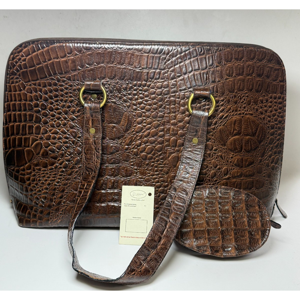 Vintage Octopus Brand XL Brown Leather Satchel Bag Croc Embossed Handbag Brass